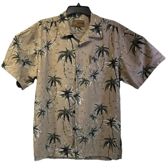 Magellan Sportswear Mens M Brown Hawaiian Tropical Palm Short Sleeves - Picture 1 of 12